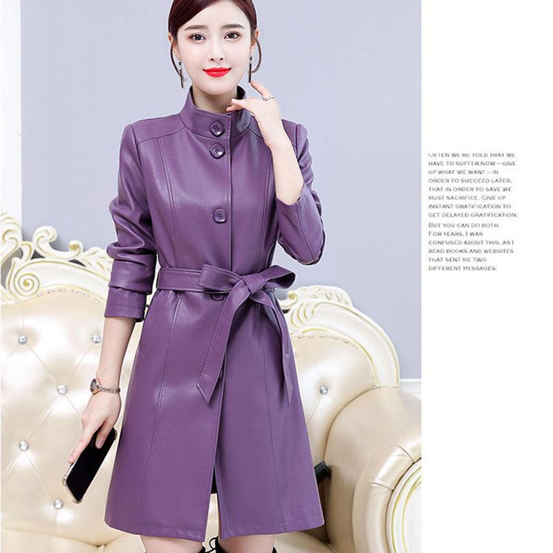 Women's Sheepskin Leather Jacket Long Slim Fit Stand Collar Large Leather Trench Coat Sheepskin Coats with Belt