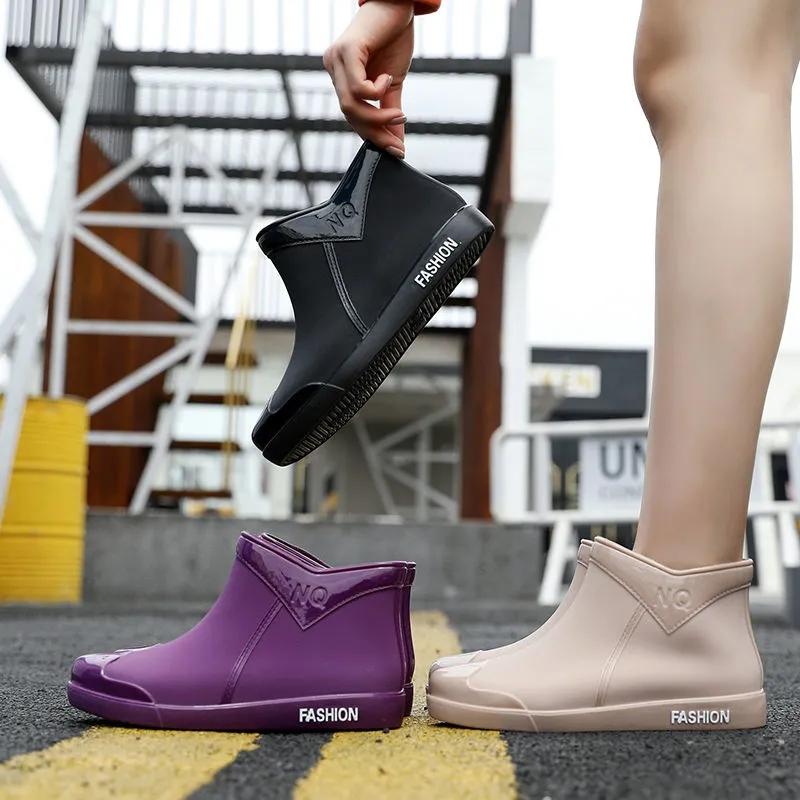 Waterproof Rain Boots Women Rubber Shoes Short Tube Ankle Shoes Water Shoes Shallow Flats Non-slip Rain Boots Fashion Slip on Female Footwear