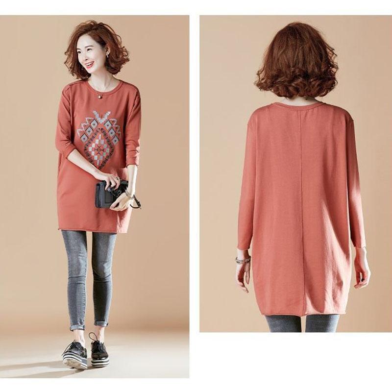 Retro Embroidery Women T-shirts Spring Fall Loose Tops Tee Casual Round Neck Tshirt Vintage Pullover
