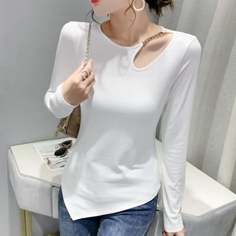 Fashion Irregular Leopard Print Top Women Sexy Hollow Out Shoulder Long Sleeve Top Fashion Large Size Bottoming Shirt
