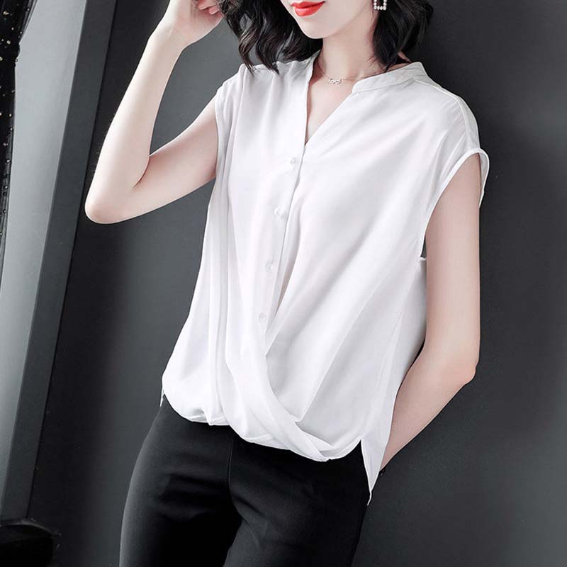 V-neck Chiffon Shirt Women's Summer Belly Cover Blouse Short-sleeved Loose Temperament Sleeveless Slim Solid Color Large Size Shirt Women Summer Top