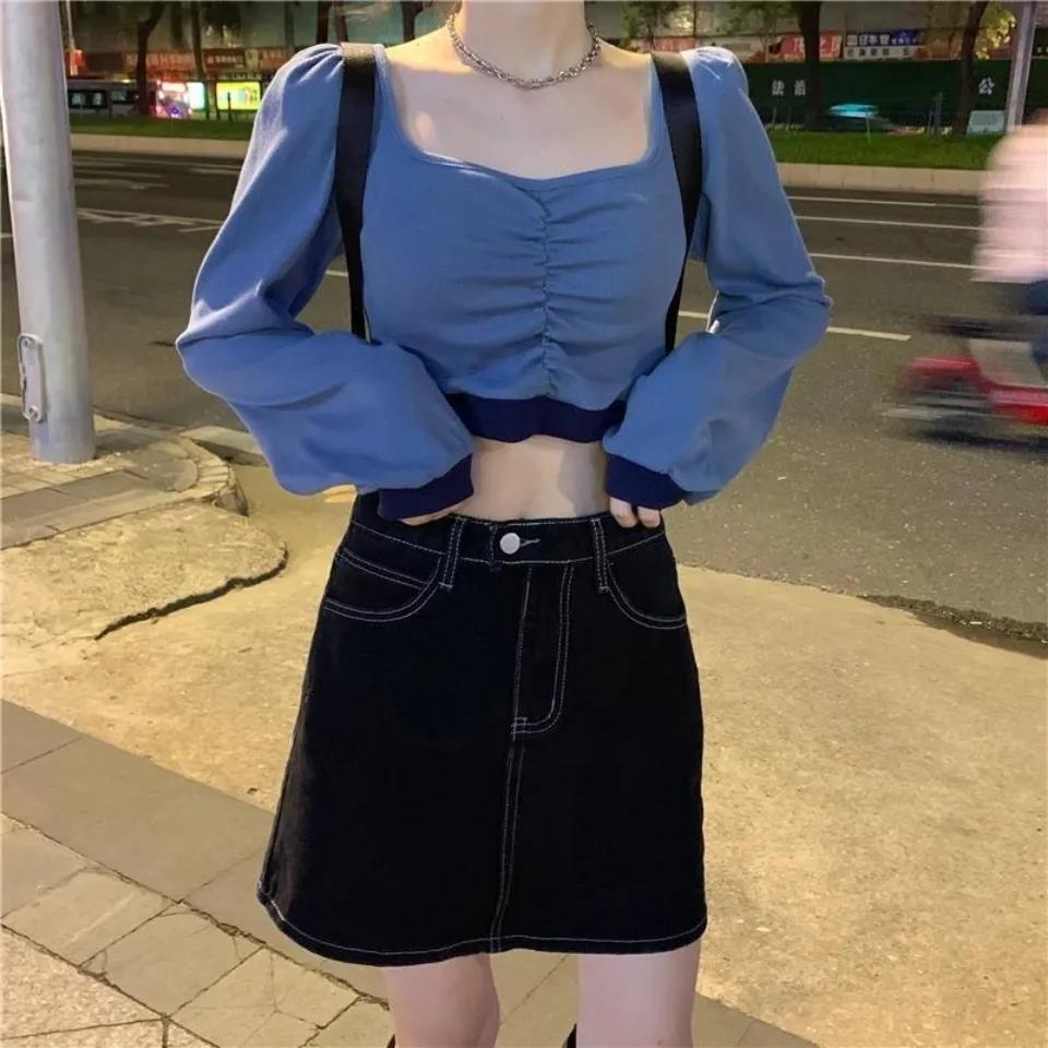 Womens Slim Thin frill pleating Splicing Tops Blouse Casual Square collar Pullover T-Shirt
