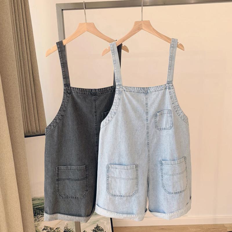 Wide-leg Denim Overalls on Both Sides Summer Female Students Loose Age-reducing Big Pocket Sling Jumpsuit Shorts Tide