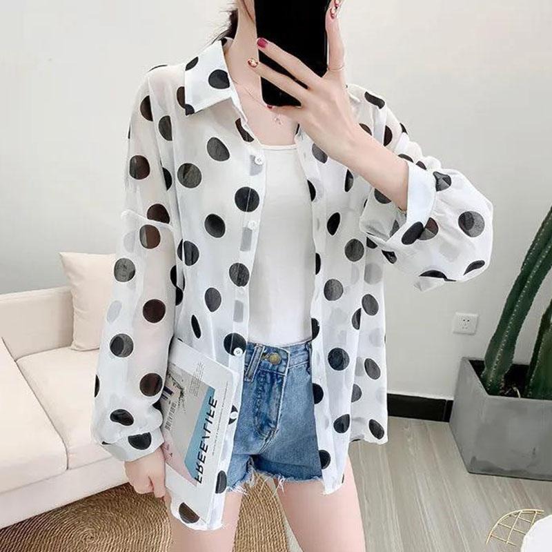 Dot Chiffon Sunscreen Female Summer Korean Version Loose Shirt  Regular  Turn-down Collar  Printing  Woman Tops