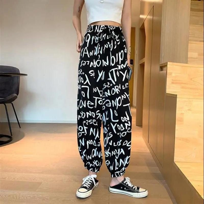 Sports Chiffon Casual Pants Women's Summer Letters Print Harlan Elastic Waist Loose Drawstring Lantern Pants