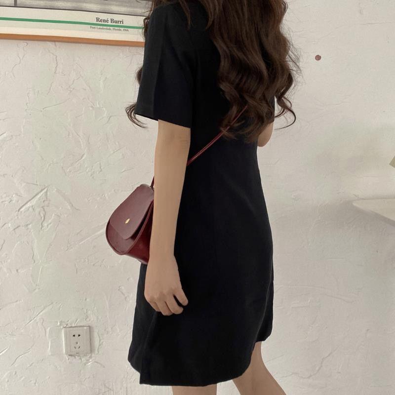 Women's Solid Color Waist Slimming Square Neck Short-sleeved Black Dress Simple Button DressMid-length A-shaped Skirt Age Reduction