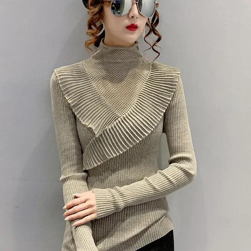 Ruffled Half Turtleneck Sweater Women  Autumn  Winter Wear Lace Style Self-cultivation Hollow Knit Bottoming Shirt Top