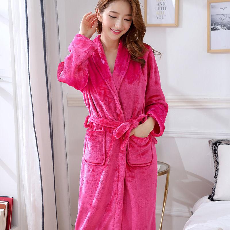 Autumn and Winter Ladies Bathrobe Flannel Nightgown Mid-length Bathrobe Flower Coral Fleece Pajamas Indoor Home Service