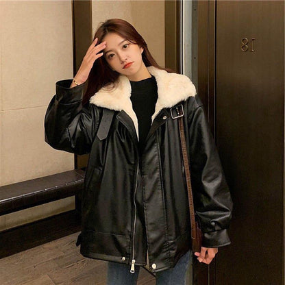 Thick Winter Warmth and Velvet Leather Jacket Women's College Style Loose Motorcycle Leather Jacket