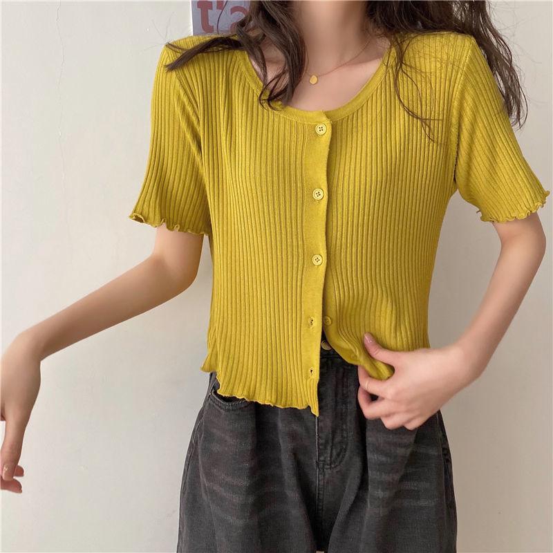 Summer and Autumn Knitted Tops Round Neck Short-sleeved Sweater Cardigan Loose Young Women's Jacket