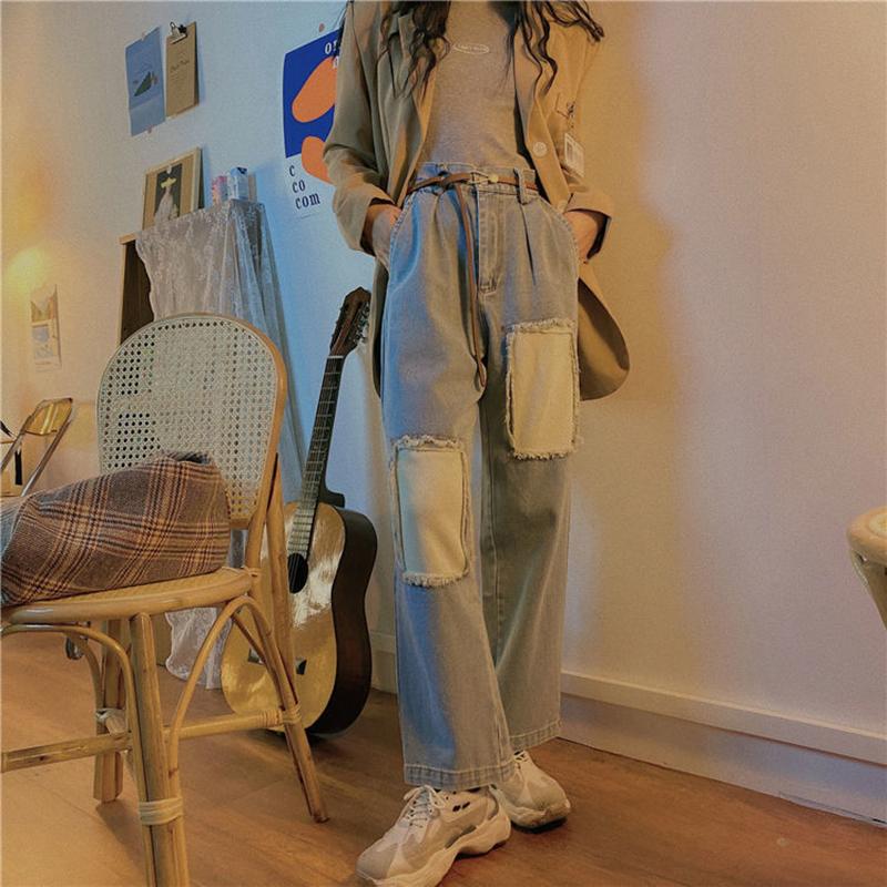 Retro High Waist All-match Loose Straight Pants Autumn and Winter Personality Ripped Beggar Patch Jeans