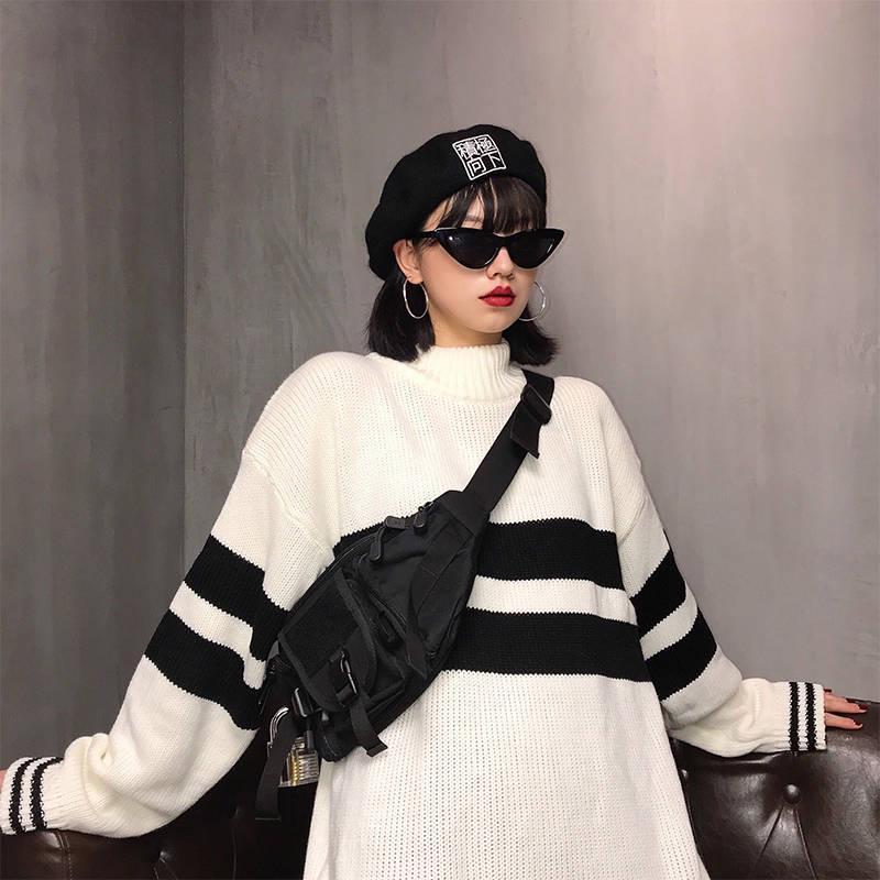 Striped Half Turtleneck Sweater Embroidery Female Autumn and Winter Loose Thick Knitted