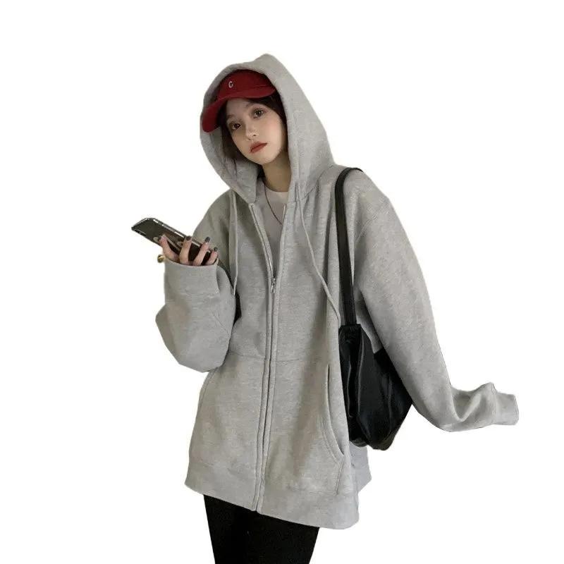 Spring and Autumn Loose Streetwear Hip Hop Oversize Style Thin Coat Female Ins Top Student Long Sleeve Zipper Hooded Sweater