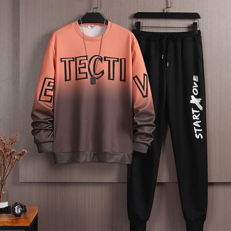Men's Round Neck Sweater Suit Spring and Autumn New Loose Large Size Gradient Ins Korean Version of The Tide Brand Sportswear A Set of Student Tops