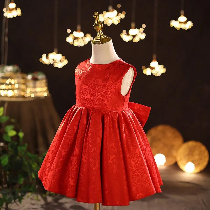 Red Children's Evening Dress Wedding Flower Girl Dress Princess Skirt Girl Baby Sweet Temperament Tutu Skirt Round Neck Sleeveless Waist