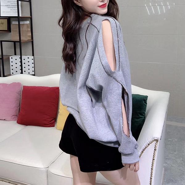 Women's Loose Fashion Sweater Spring and Autumn Hollow Beaded Jacket Off-shoulder Thin Top