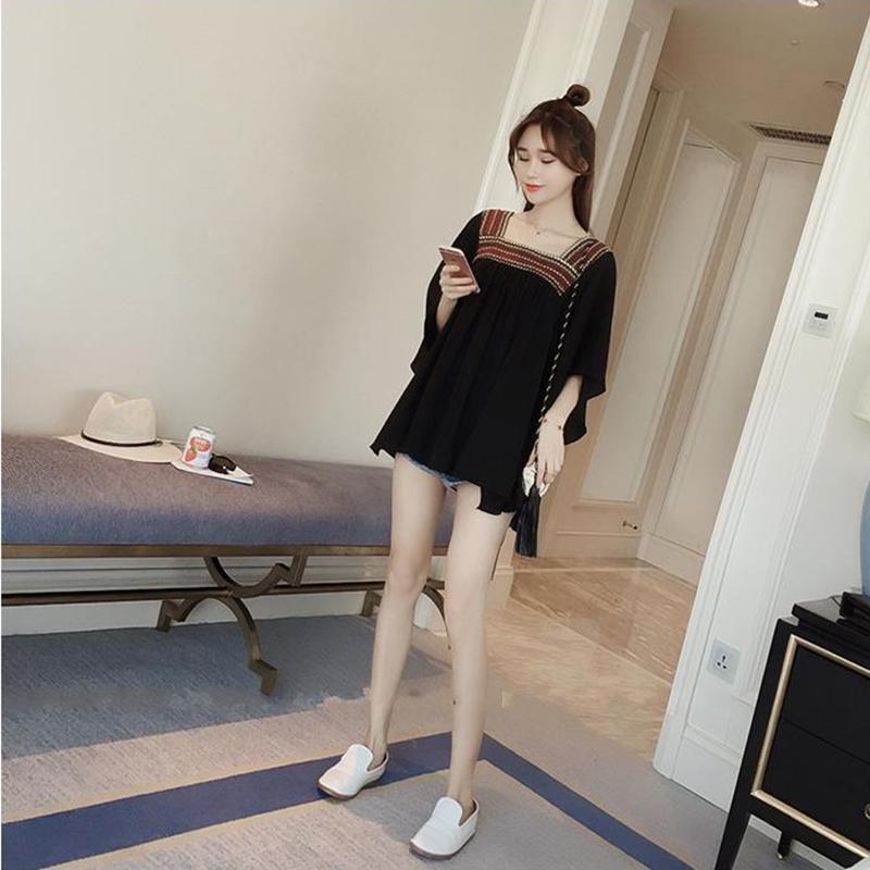 Ethnic Style Chiffon Dress Women Loose and Thin Bat Sleeves Large Size Square Neckline above knee Solid Color