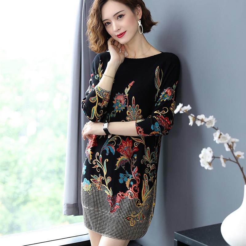 Floral Print Sweater Dress Women Long Sleeve Loose Casual Long Jumper Ladies Autumn Winter Sweater Dress