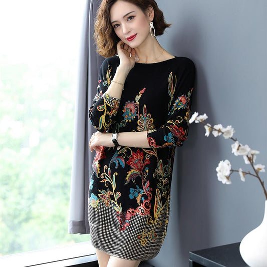 Floral Print Sweater Dress Women Long Sleeve Loose Casual Long Jumper Ladies Autumn Winter Sweater Dress
