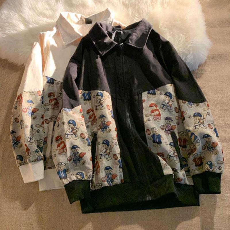 Retro Sports Bear Jacket Women Loose Fashion Trend Casual Stitching Graffiti Baseball Uniform Jacket