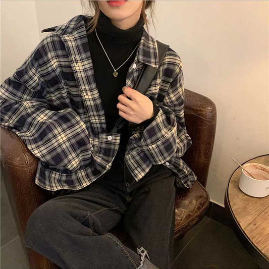 Layered Plaid Shirt Women's Spring and Autumn Retro Loose and Lazy Style Shirt Coat