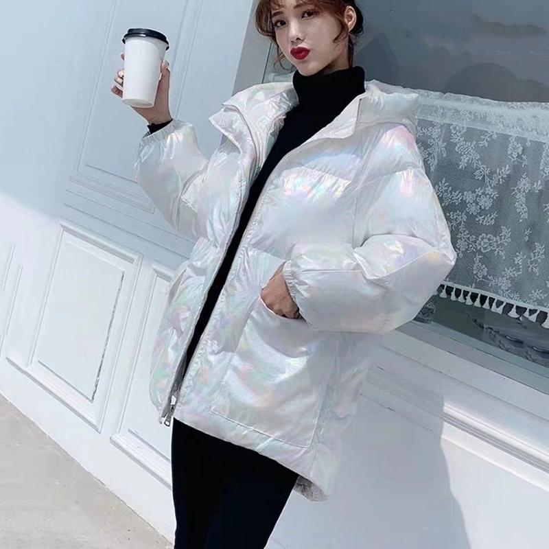 Women's Winter Korean Loose Quilted Coat Warm Stand-collar Down Jacket Women's Glossy Mid-length Down Jacket
