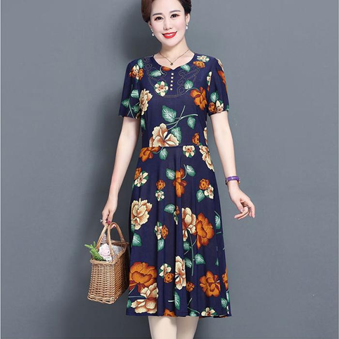 Plus Size XL-XXXXXL  Women Summer Mid-length Printed Mom A-line Skirt  Over-the-knee Dress Short Sleeve