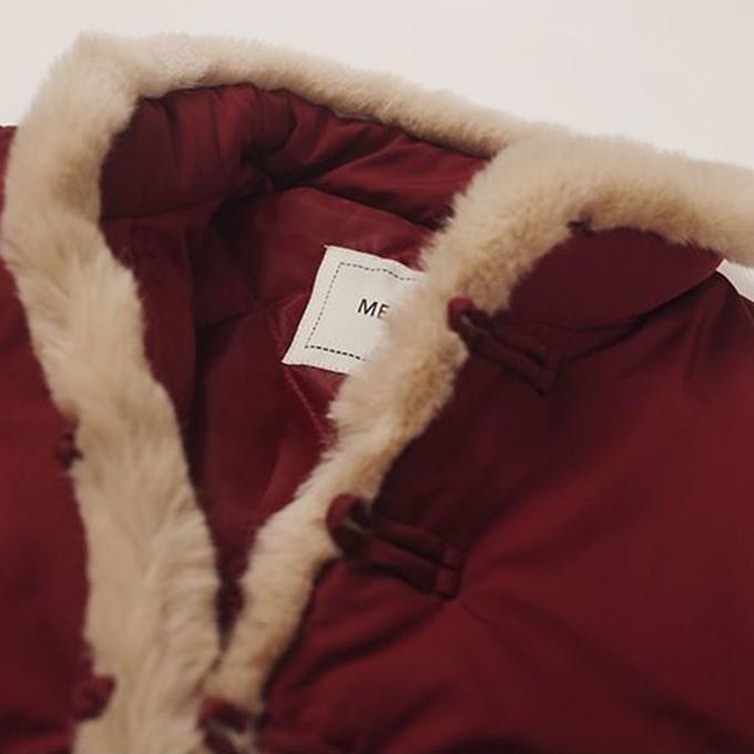 Winter Retro Furry Collar Padded Jacket Jacket Stand-up Collar Waist Padded Jacket Mid-length Red Padded Jacket Women Winter Thickening