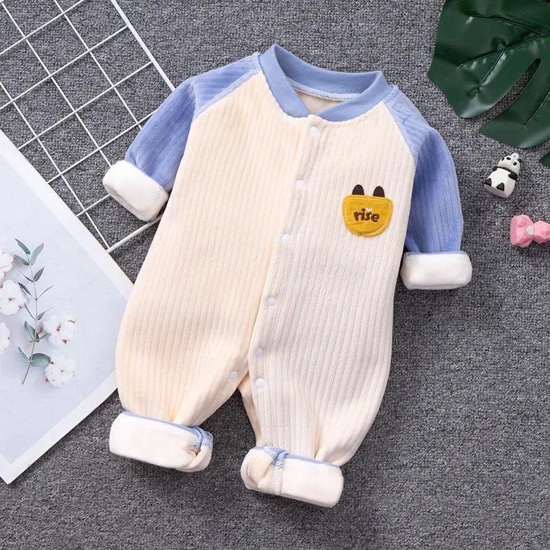 Autumn and Winter Baby Jumpsuit 0 To 6 Months Old Baby Khaki Clothes with Plush Thickened Climbing Clothes Warm Clothes for Newborn Children
