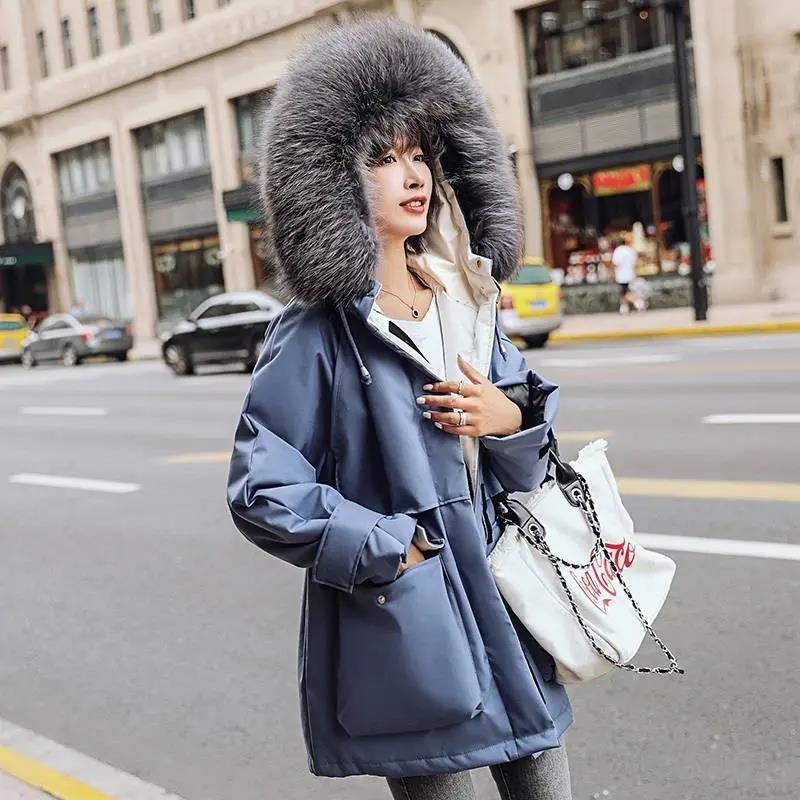 Winter Women's Cotton Jacket Jacket Mid-length Large Fur Collar Plus Down Jacket Thickening Plus Velvet Jacket