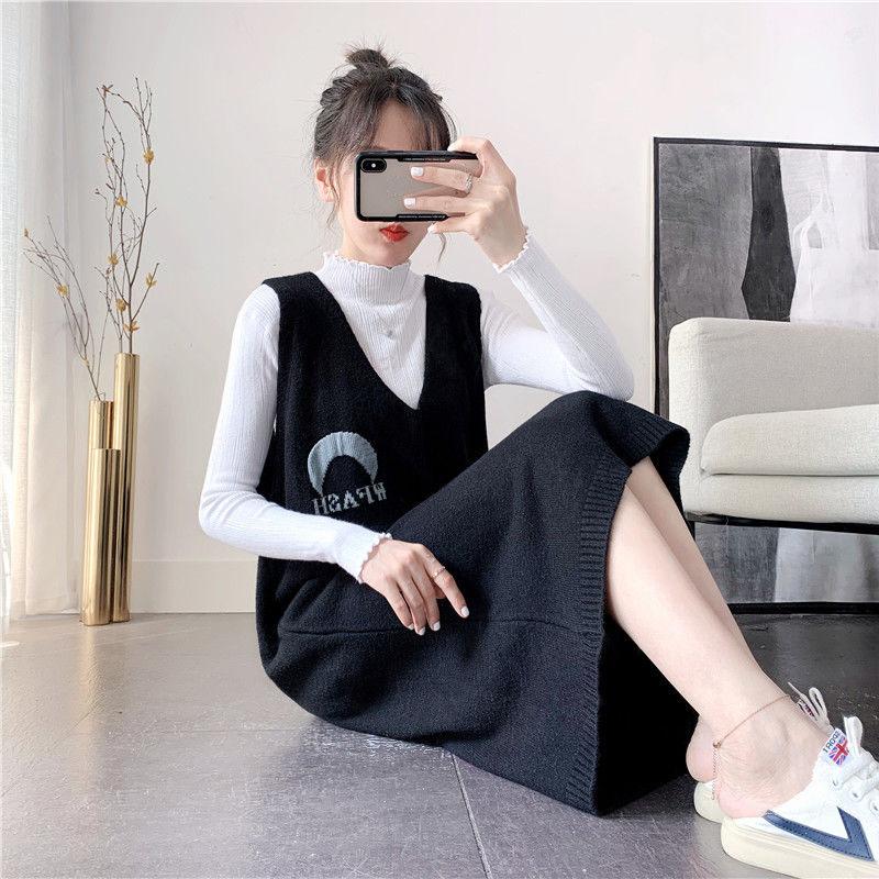 Spring and Autumn Loose Long Sweater Vest Large Size Sleeveless Knitted Vest Skirt Fashion Simple Women Sweater Dress