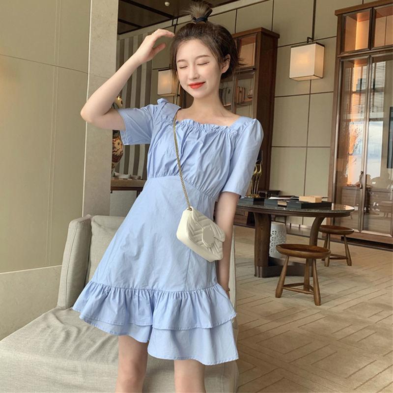 Women's Spring and Summer French Elegant Thin Irregular Square Collar Waist Slim Ruffle Dress