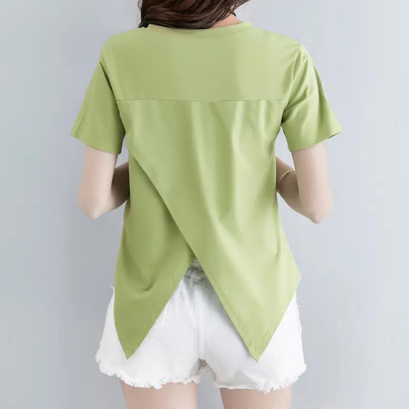 Women Summer O-neck Top Irregular Bandage Pleated  T-shirt Solid Color Short-sleeved Loose Casual Tee
