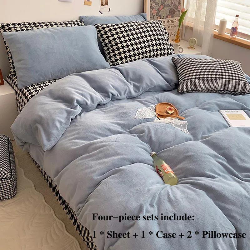 Winter Double-sided Thickening Plus Velvet Four-piece Coral Velvet Is Sleeve Single Pillow Set of Set 1.5 Meters 1.8 Meter Bed Warm Bed Set