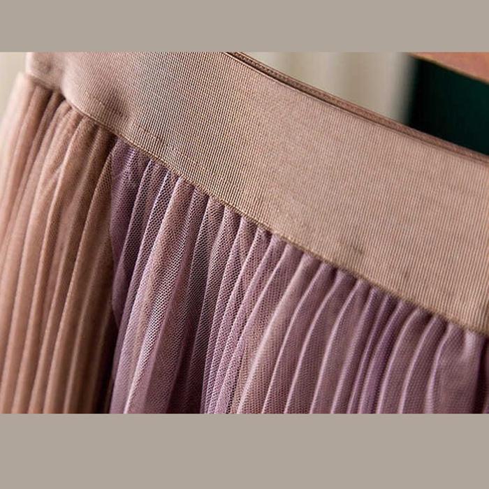 Pleated Printed Gauze Skirt High Waist Elastic Waist Mid-length Large Hem Skirt Spiral Color Stitching Lace A-line Skirt