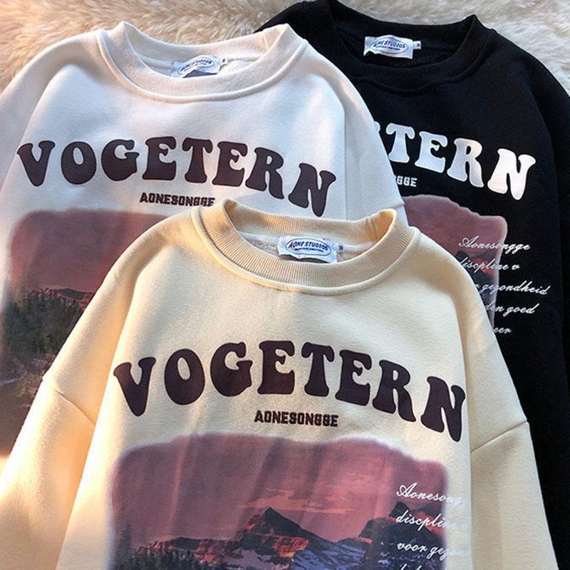 Autumn and Winter New American Retro Trend National Tide Landscape Printing Couple All-match Loose and Lazy Wind Round Neck Sweater