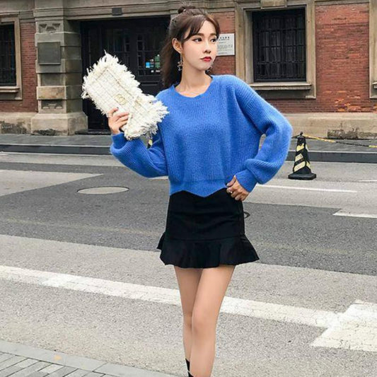 8 Colors Cute Long Latern Sleeve Knitted Shirt O-neck Loose Blouse Simple Color Sweaters