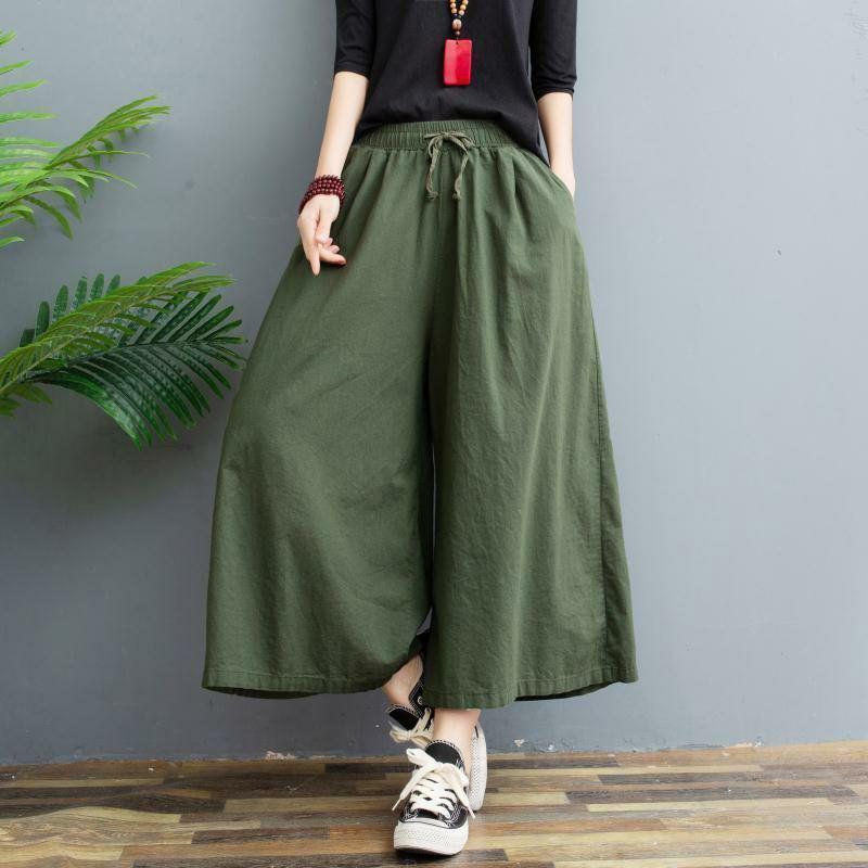 WTEMPO Women's Cotton Wide-leg Pants Cropped Trousers Loose Plus Size High-waisted Summer Straight Trousers Casual