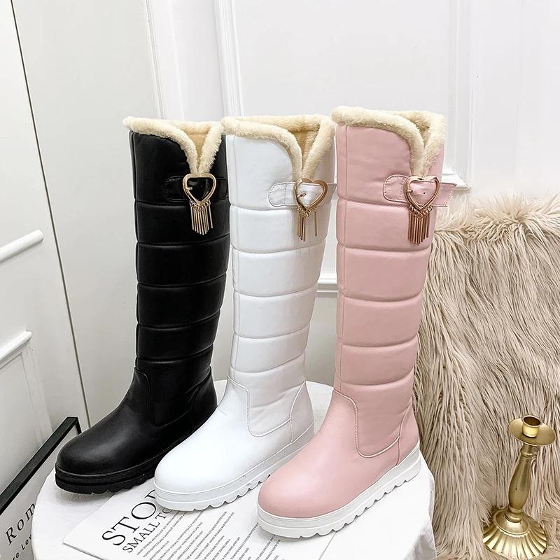 Women's High Boots Winter Shoes Waterproof Snow Boots Flat Heel Warm Fur Boots Thigh High Botas Black White 34- 43 Size