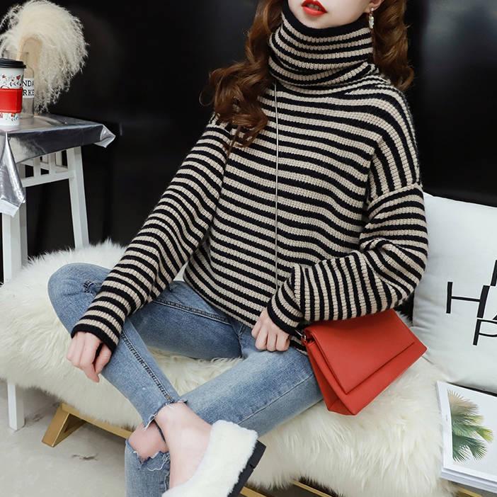 Women contrast striped sweater winter Turtleneck Pullover long sleeve female students loose knitwear