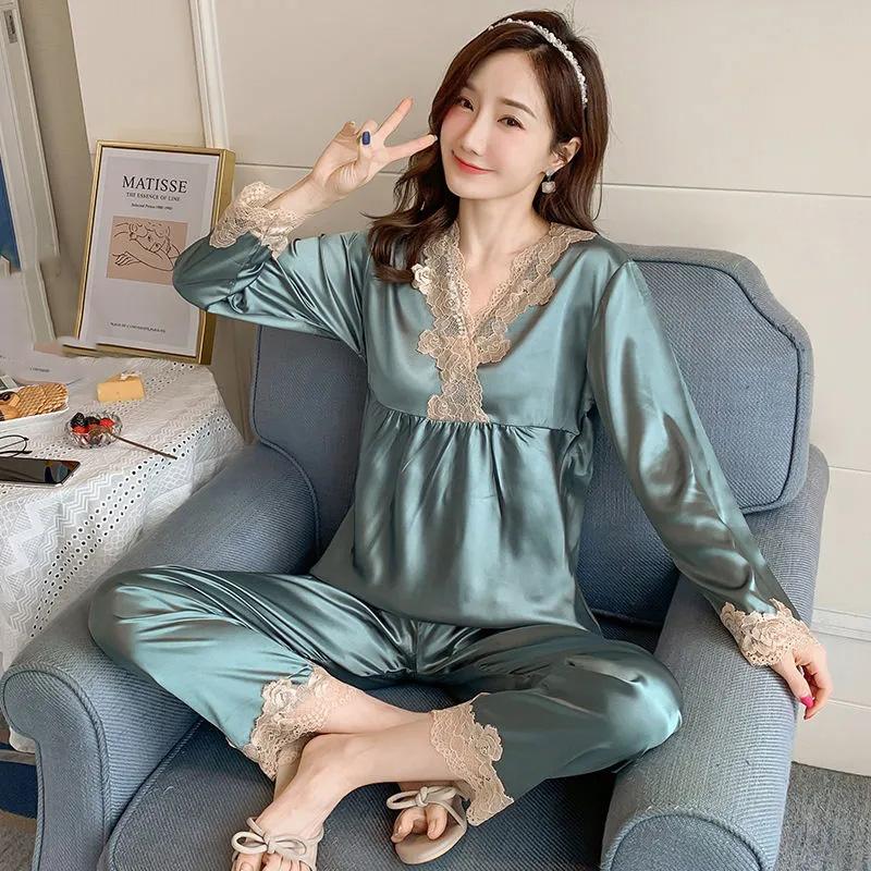 Women's Long Sleeve Silk Polyester Pajamas Spring Autumn Sexy Ladies Ice Silk Thin Lace Homewear Set Loose Breathable Pyjamas Solid Glossy Nightgowns