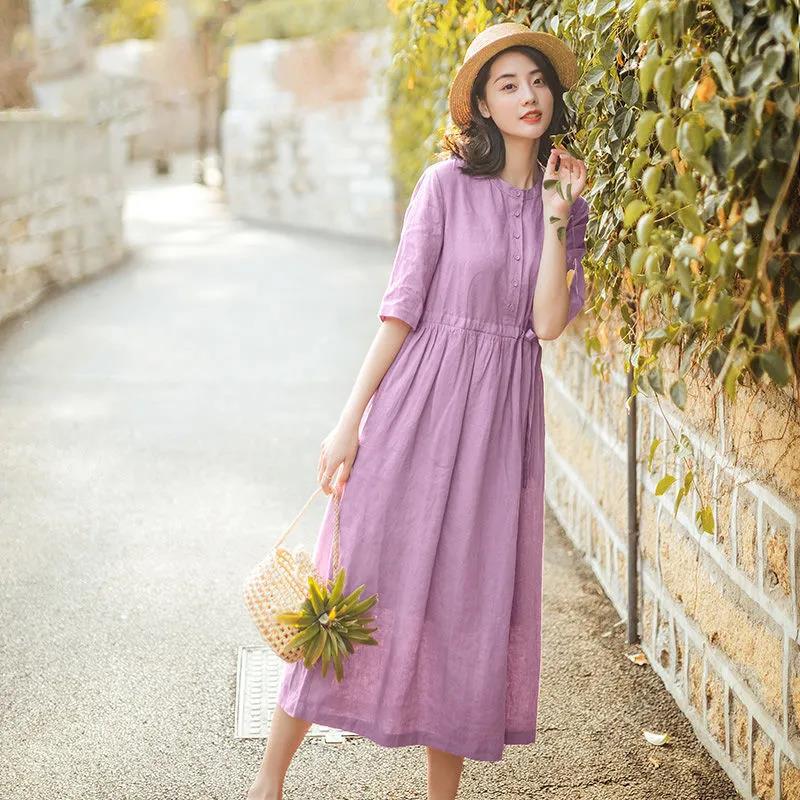 Women Summer Dress 1/2 Sleeved Mid-calf Length Large Size Loose Casual Solid Color Dress M-XXXL