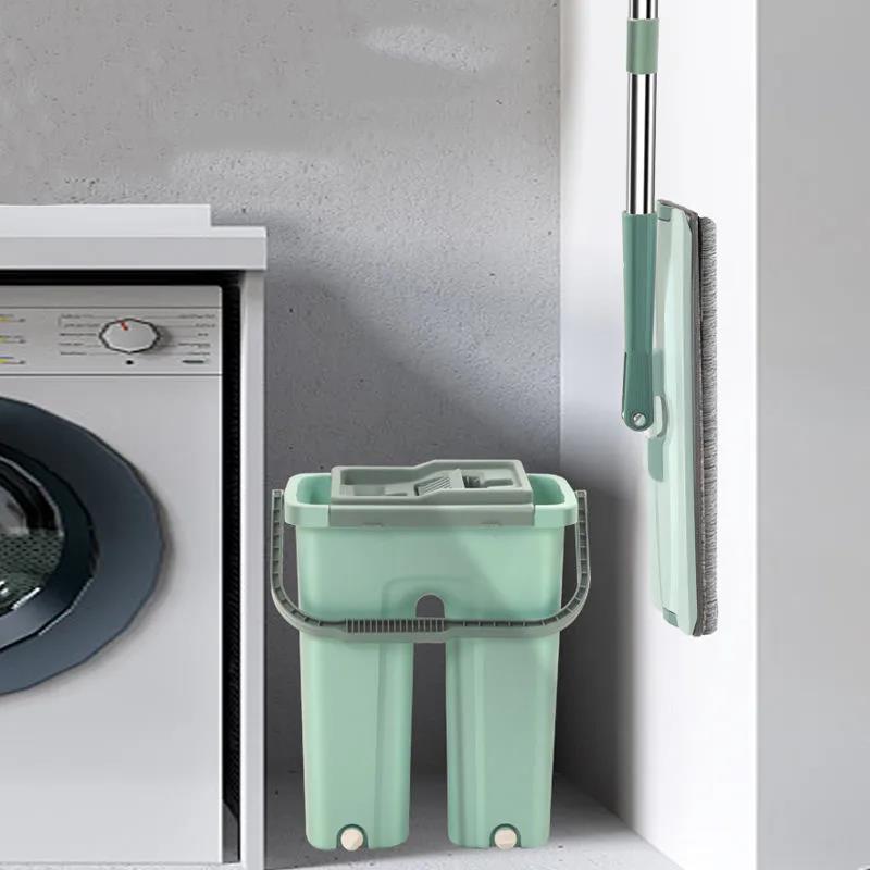 Floor Mop Bucket Hand Free Household Automatic Flat Floor Mop Kitchen Home Wooden Floor Cleaning Microfiber Pads