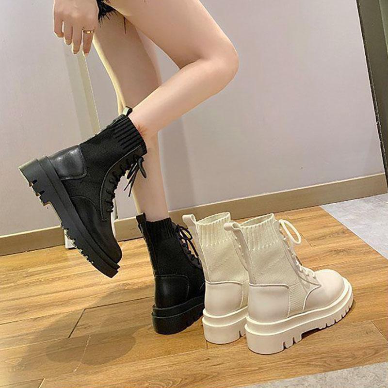 Martin Boots Women's Autumn and Winter British Style Wild Knit White Boots Thick Bottom Short Boots Women