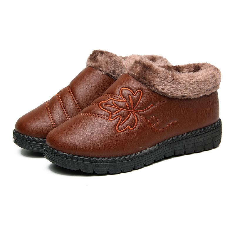 Winter Plus Velvet Leather Embroidered Cotton Shoes Waterproof Non-slip Warm Shoes Flat Bottom Women's Shoes Casual Shoes