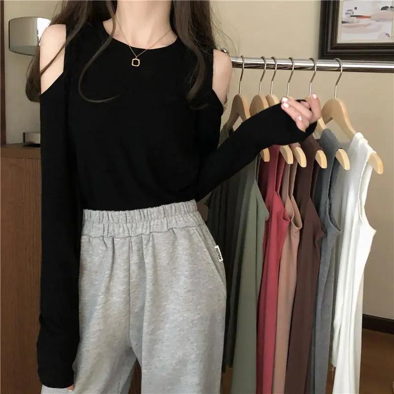Off Shoulder T Shirt Casual Loose Clothes Tops Pure color Leisure Long Women pullover