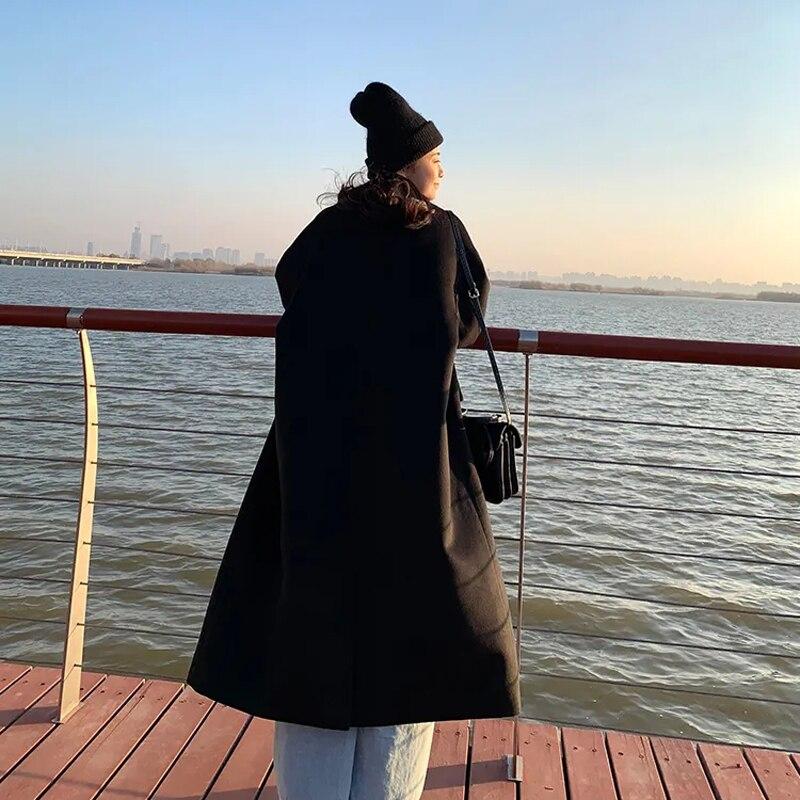 Winter Thick Warm Long Woolen Coats Female Casual Loose Double Breasted Streetwears Ladys Korean Black Outerwears