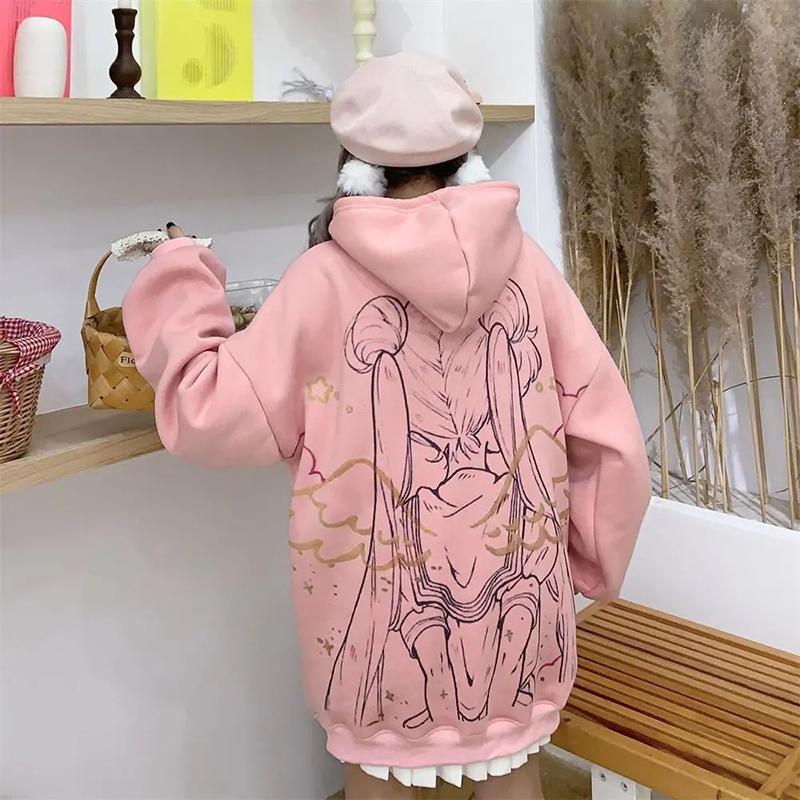 Japan Anime Printed Hoodies Women White Pink Fashion Oversized Streetwear Harajuku Sweatshirt Winter Fleece Pullover Tops Plus Size Loose Clothes