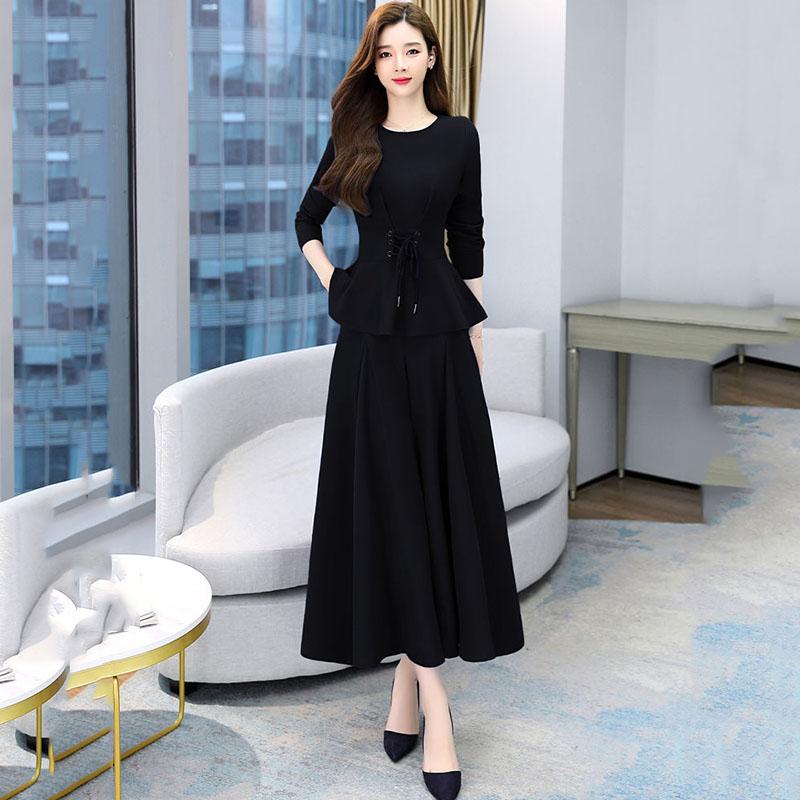 Suit Women's Spring and Autumn Dress Ladies Temperament Two-piece Set of Nine-point Wide-leg Pants + Round Neck Long-sleeved Top