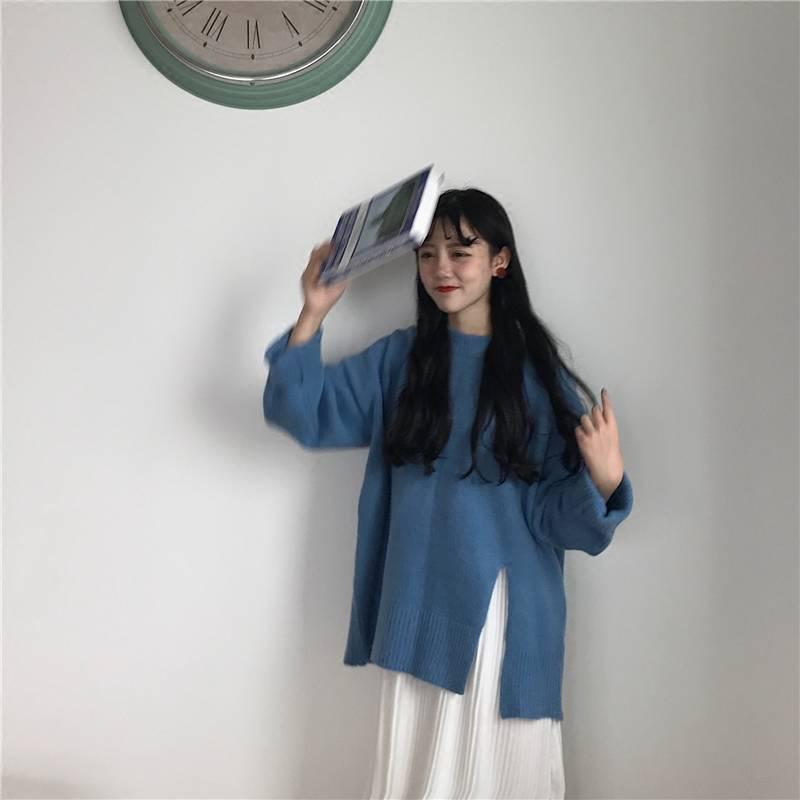 Pofulove Autumn Winter Solid Color Round Neck Sweater Schoolgirl Wide Loose Fork Base Sweater Shirt